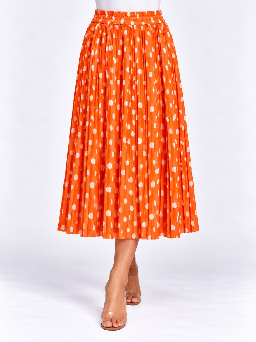 Her Destiny Medium Orange White Polka Dot Pleated Midi Skirt 100% Polyester